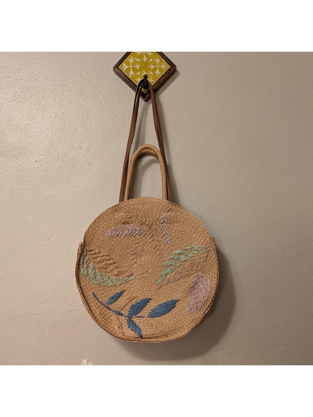 Boho Woven Straw Round Tote Bag With Embroidered Florals